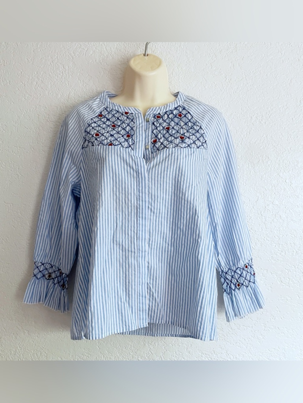 Zara Striped Smocked Floral Embroidery Blouse Medium Cottagecore Farmcore
